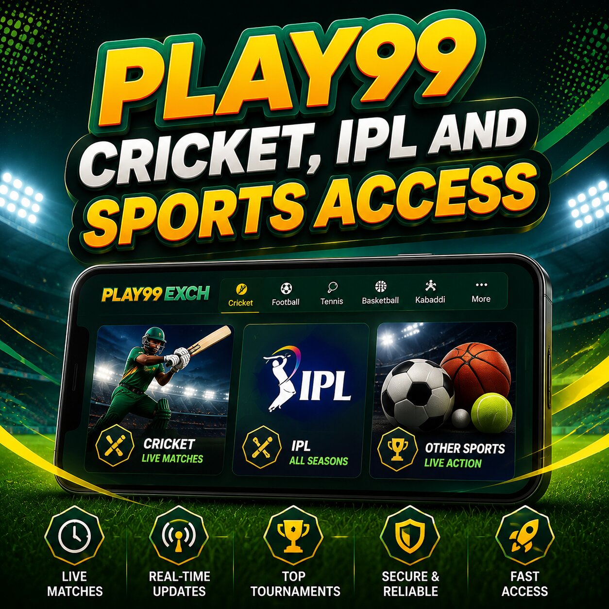 Play99 cricket and IPL match coverage in a floodlit stadium